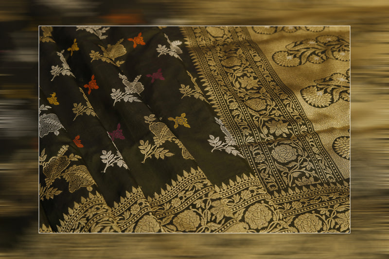 Pure Handloom Katan Jungla Cutwork black Saree 17