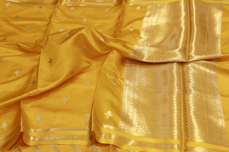 Pure Handloom Kadhiyal Katan Raw Mango yellow saree