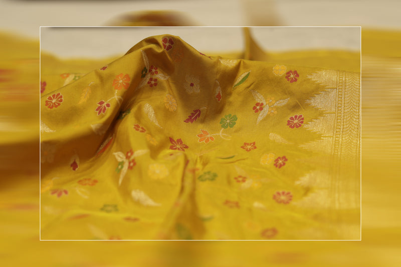 Pure Handloom tilfi katan jamdani yelllow saree