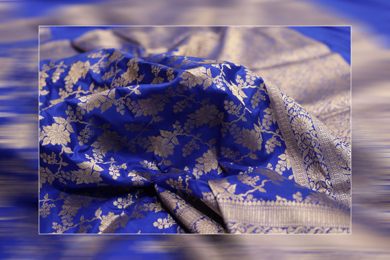 pure handloom katan jungla blue & golden work saree