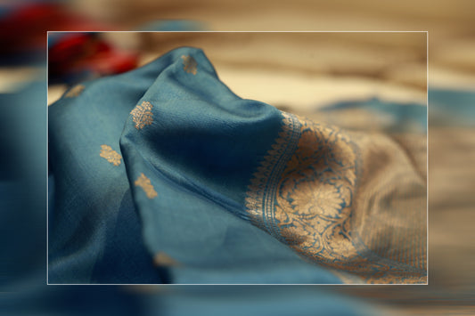 Pure handloom kadhiyal raw mango blue saree