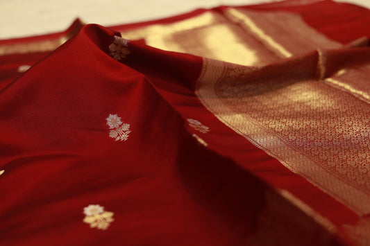 Pure handloom katan cutwork raw mango red saree