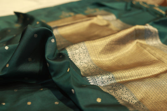 Pure handloom katan cutwork raw mango green saree