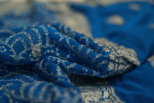 Pure handloom khaddi chiffon embodery weave blue saree