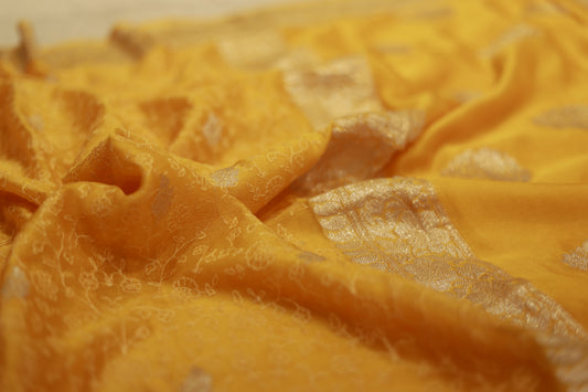 Pure handloom khaddi siffon embodery weave yellow saree