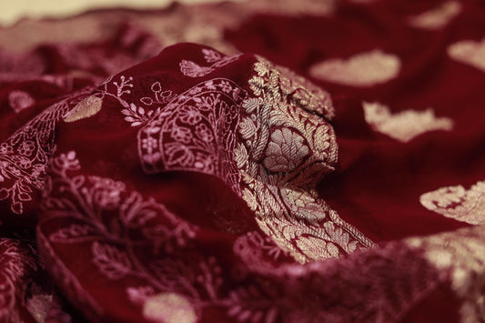 Pure handloom khaddi siffon embodery weave maroon saree