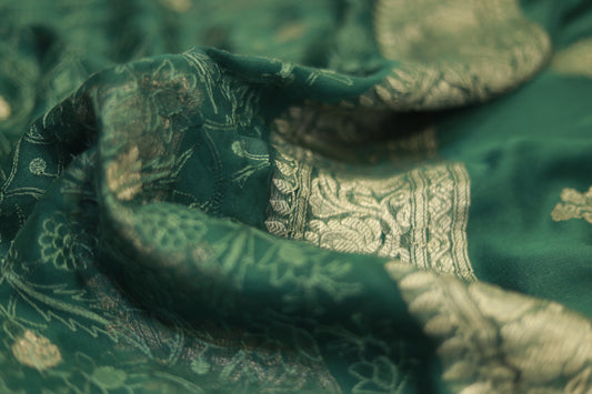 Pure handloom khaddi siffon embodery weave green saree