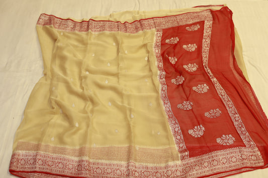 pure handloom khaddi siffon contrast silver bootis cream & orange saree