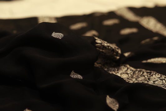 pure handloom khaddi siffon siler bottis brown & golden work saree