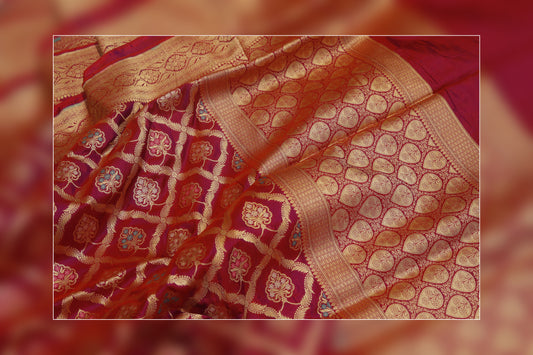 Pure Handloom Katan Jungla Cutwork Red Saree 3