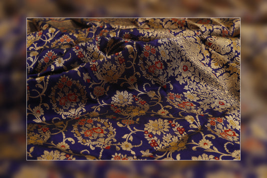 Pure Handloom Katan Jungla Cutwork  Navy Blue Sareeb 7