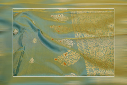 Pure Handloom Katan Jungla Cutwork turquoise blue Saree 13