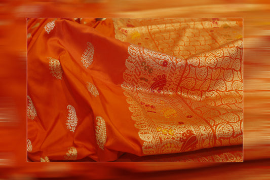 Pure Handloom Katan Jungla Cutwork Orange Saree 19