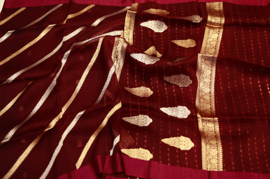 Pure handloom kora organza maroon saree