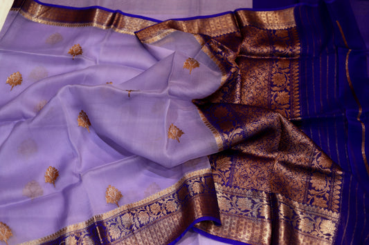 Pure Handloom Kora Organza antique zari purple saree