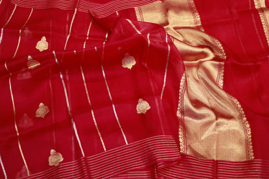 Pure handloom kora organza red saree