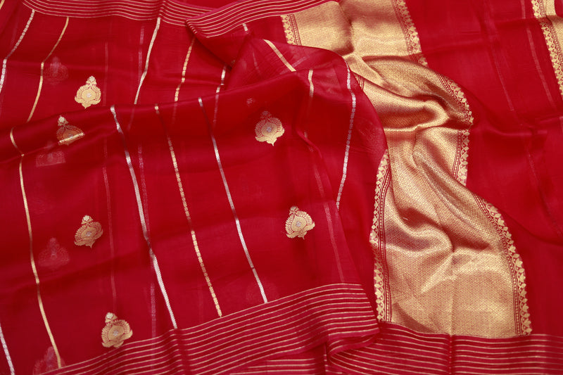 Pure handloom kora organza red saree