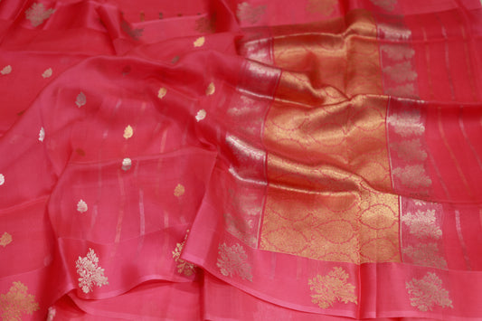 Pure Handloom Katan Raw Mango pink saree