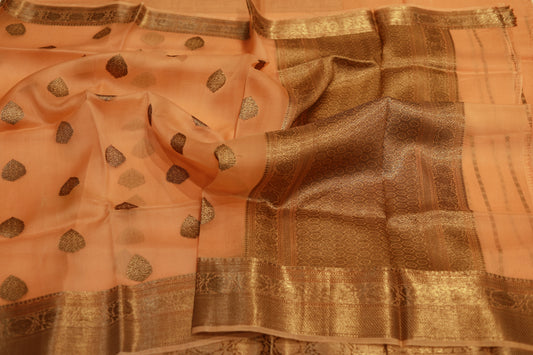 Pure Handloom kora organza antique zari orange saree