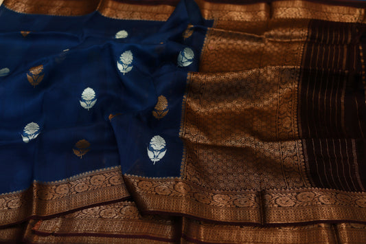 Pure Handloom kora organza antique silver boota purple saree