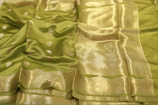 Pure Handloom Kadhiyal Katan Raw Mango green saree