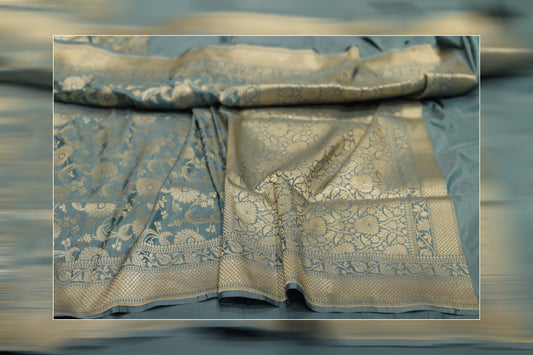 pure handloom katan jungla gray & golden work saree