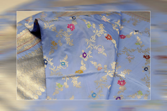 pure handloom katan premium ektara jungala tilfi weaves light blue & golden work saree