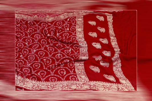 pure handloom khaddi siffon embodery weave red & sliver work saree