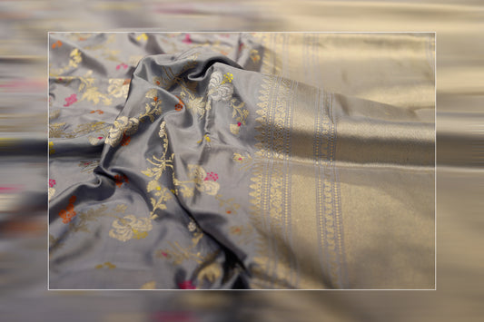 pure handloom katan premium ektara jungala tilfi weaves gray & golen work saree