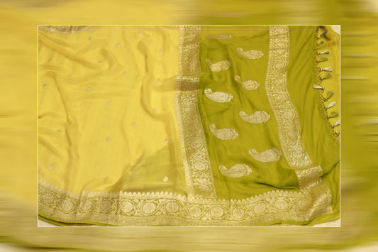 pure handloom khaddi siffon contrast silver bootis yellow & green saree