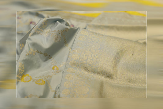 pure handloom katan premium ektara jungala tilfi weaves  gray  & golden work saree