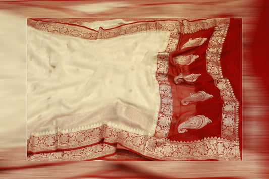 pure handloom khaddi siffon contrast silver bootis red & white saree
