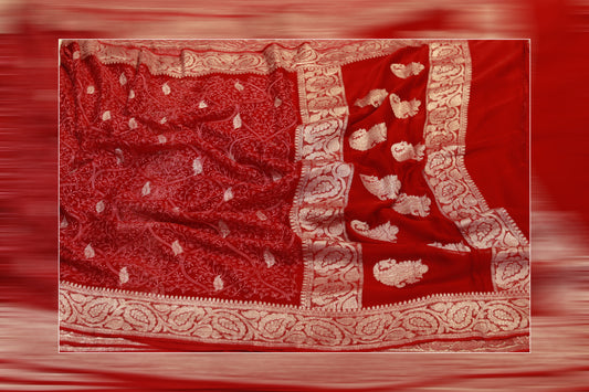 pure handloom khaddi siffon embodery weave red & golden work saree