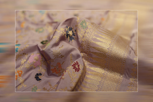 pure handloom katan premium ektara jungala tilfi weaves soft lavender pink , golden zari work &  multi-color floral motifs saree