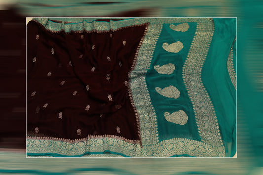 pure handloom khaddi siffon contrast silver bootis green & brown saree