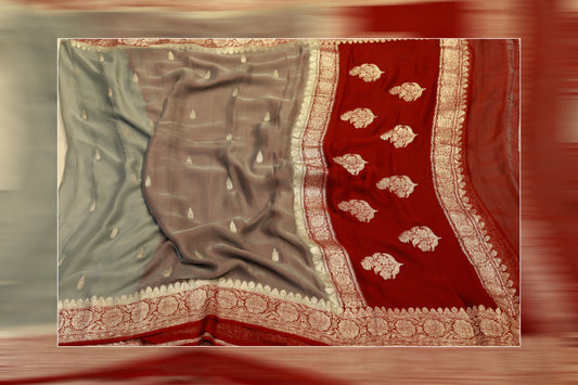 pure handloom khaddi siffon contrast silver bootis red & golden work saree