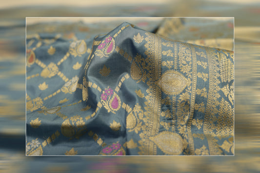 Pure handloom katan cutwork ektara jungla  greenish-grey &  gold zari, magenta-pink saree -