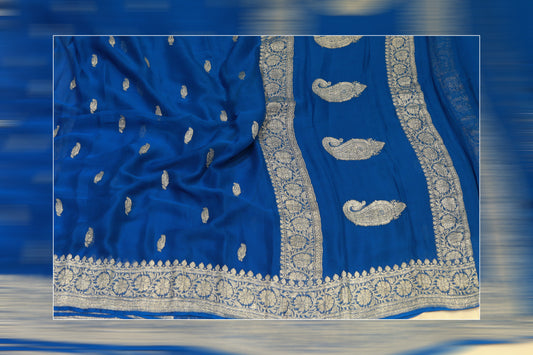 pure handloom khaddi siffon siler bottis  blue & sliver work saree