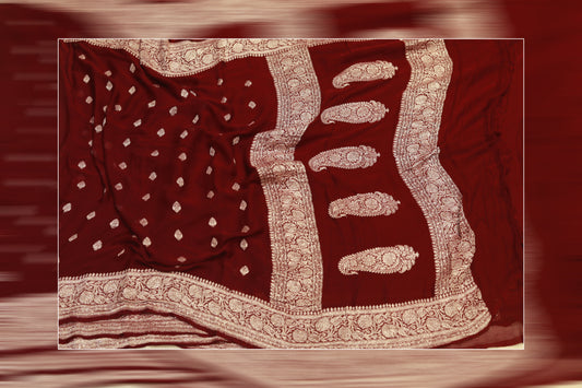 pure handloom khaddi siffon siler bottis sareon maroon & golden work saree