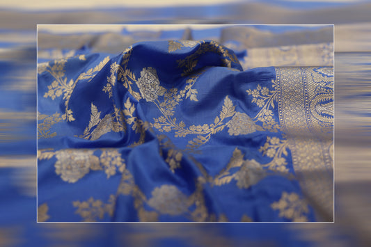 Pure handloom katan cutwork ektara jungla Royal Blue & Gold Zari saree