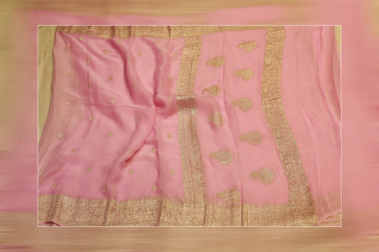 pure handloom khaddi siffon siler bottis pink & golden work  saree