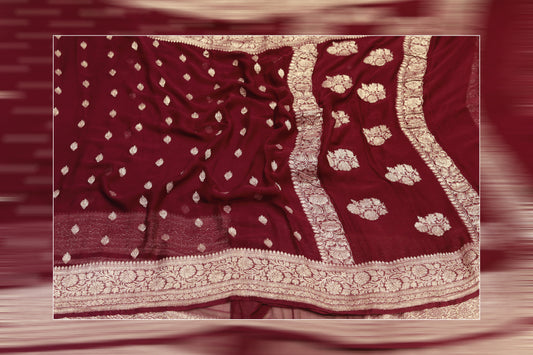 pure handloom khaddi chiffon siler bottis red & golden work saree