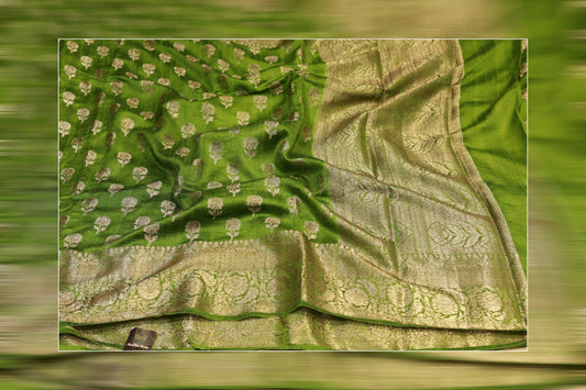 pure handoom raw silk green & golden work saree
