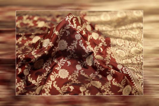 pure handloom katan jungla maroon & golden work saree