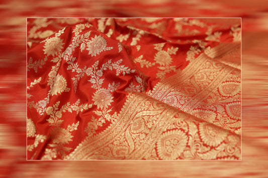 pure handloom katan jungla red & golden work saree