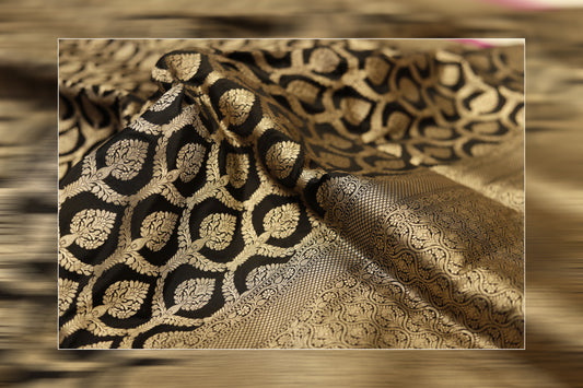 pure handloom katan jungla black and golden work saree